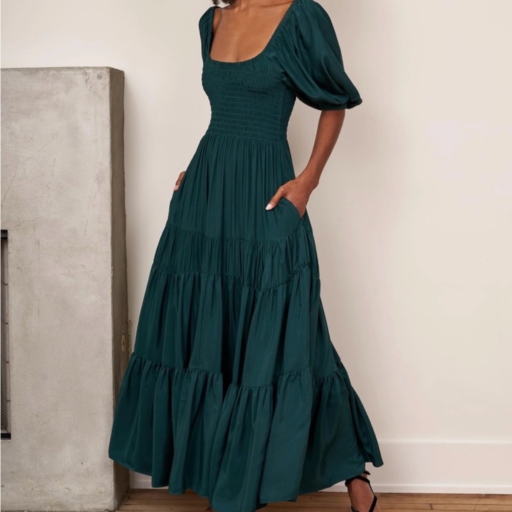 La Ligne NYC Pyper Emerald Green 100% Silk Tiered Maxi Dress Puff Sleeve smocked